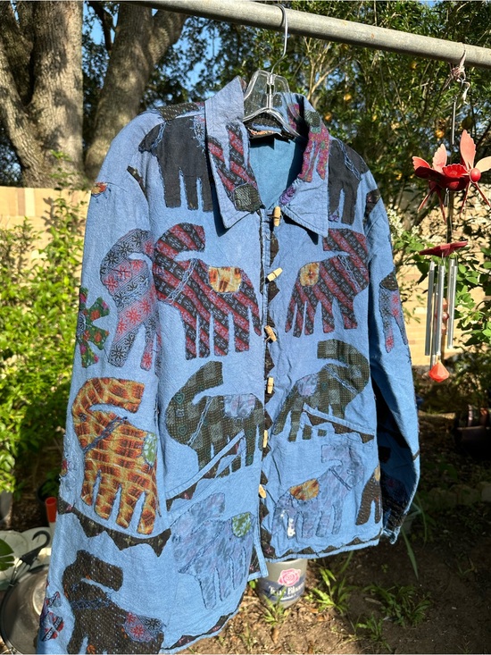 India Tropical Jackets & Blazers - VTG Indian Tropical Fashion Elephant Patchwork Quilted Applique Jacket Indigo L